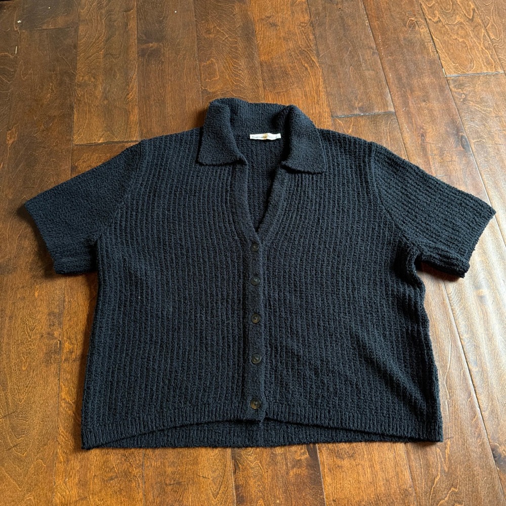 Abercrombie & Fitch Womens Black Short Sleeve Crochet Style Polo Button Front